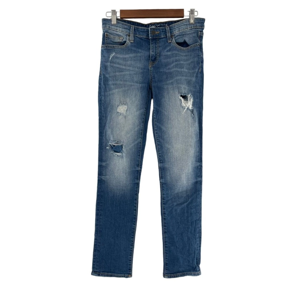 Gap Girlfriend Distressed Medium Indigo Jeans‎ 28x28 Womens Denim Stretch